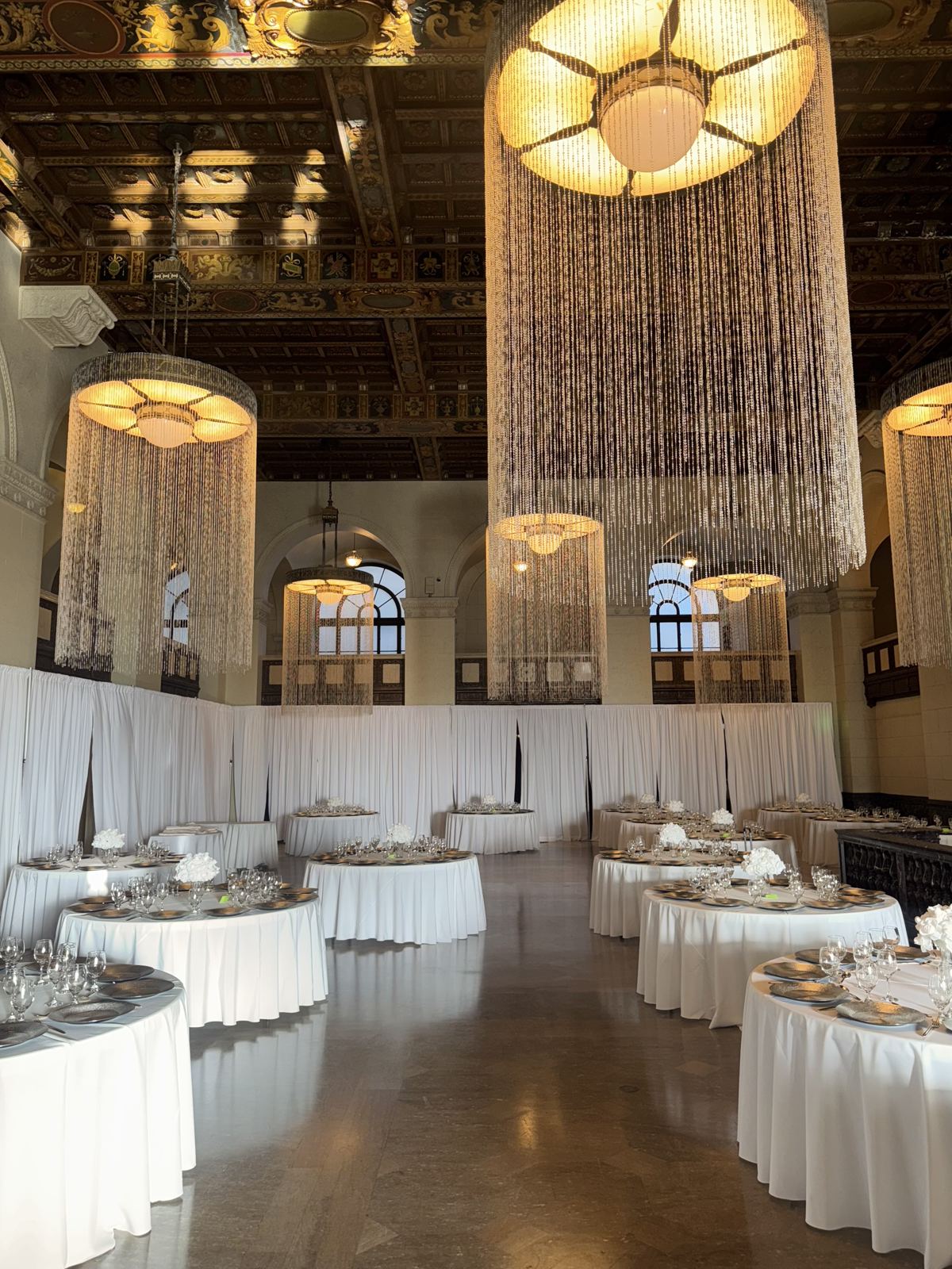 Completed event setup with tables and décor