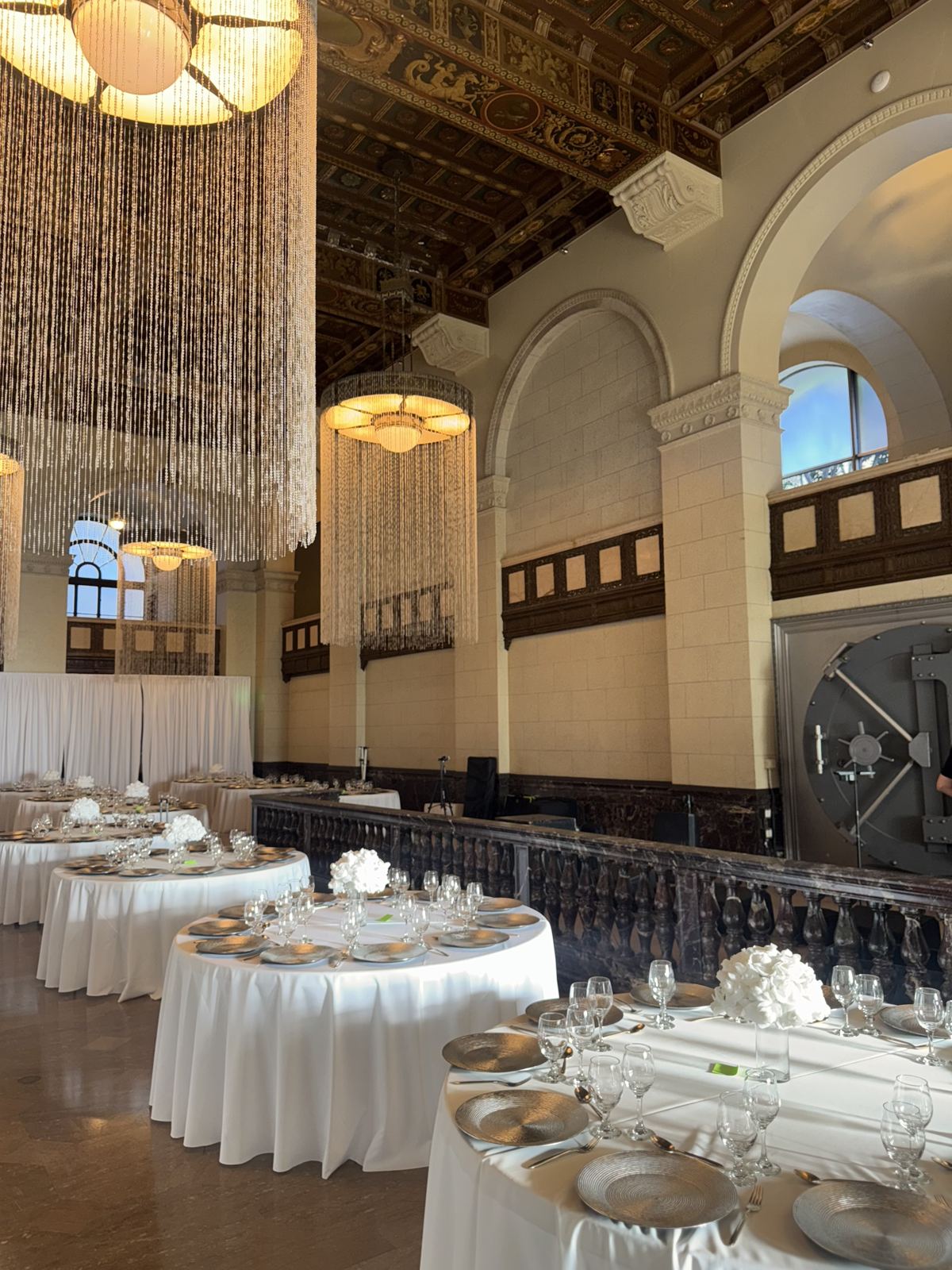 Banquet setup with tables and décor
