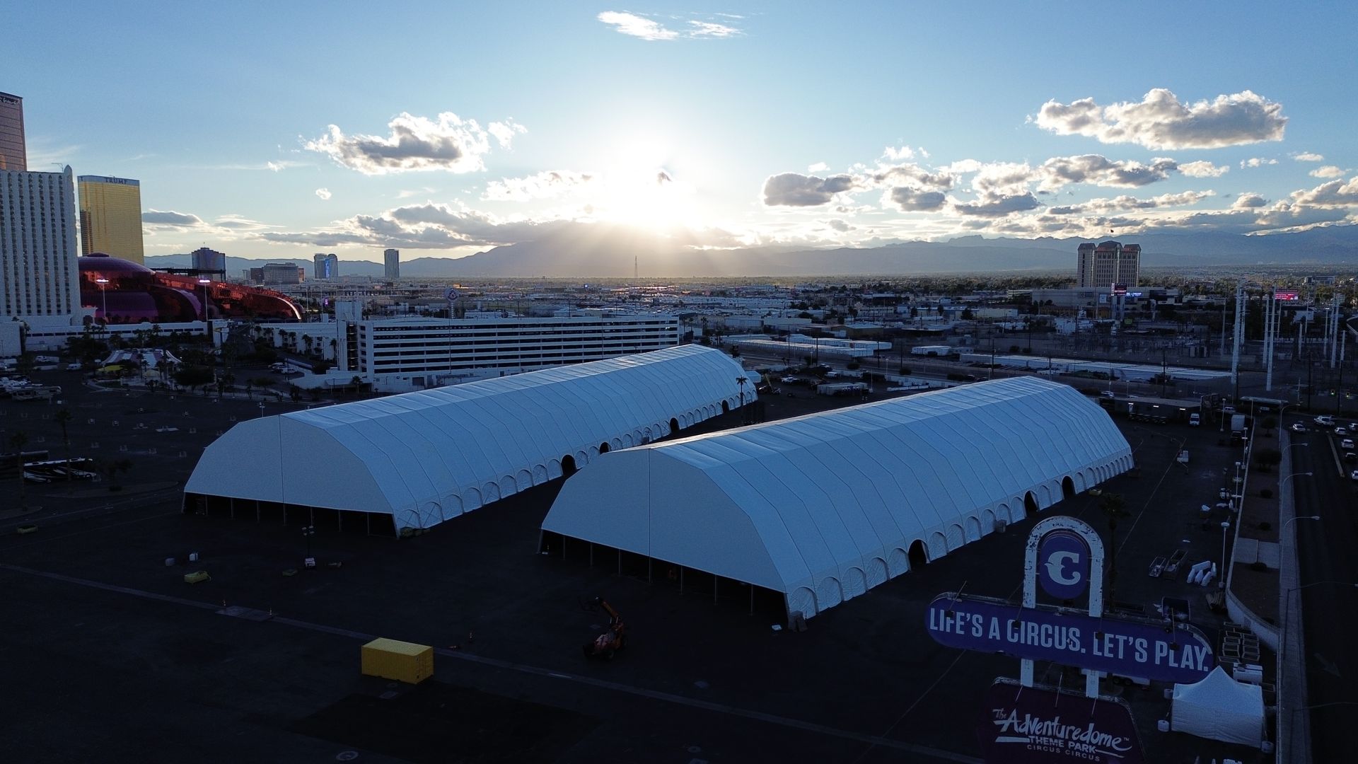 Two white clearspan structures in Las Vegas