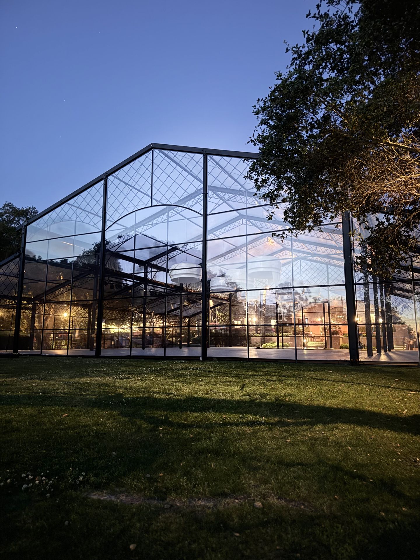 Glass-wall frame structure at dusk